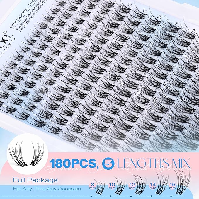 Pawotence Lash Clusters Kit Wispy Lash Extension Kit Natural 180pcs Cluster Eyelash Extensions Kit Individual Lashes 8-16mm Eyelash Clusters Kit with Lash Cluster Bond Seal and Lash Tweezers