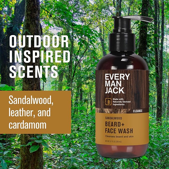 Every Man Jack Sandalwood Beard + Face Wash - Made w/Naturally Derived Ingredients like Aloe Vera & Coconut - 6.7oz (2 Pack)