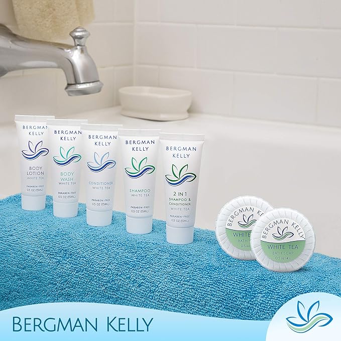 BERGMAN KELLY - Hotel Soap Bars - White Tea, 0.5 oz, 200 PK - Travel Size Luxury Bulk Amenities Bar Soap, Mini Individually Wrapped Round Soap - Small Toiletries for Airbnb, Motel, Guest Bathroom