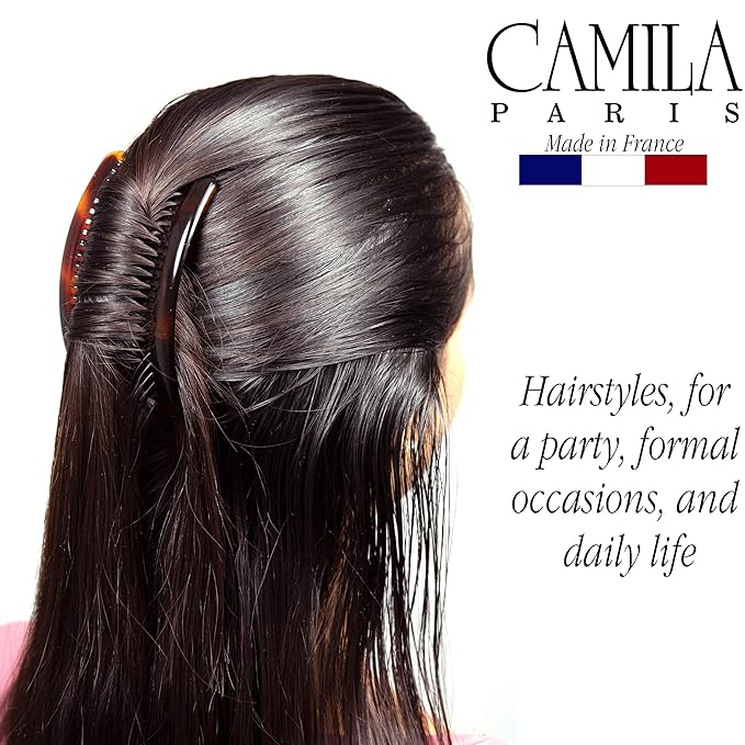 Camila Paris French Side Combs Large 2 Colors Each Curved French Twist Hair Combs Decorative, Strong Hold Hair Clips for Women Bun Chignon Up-Do, No Slip Styling Girls Hair Accessories, Made in France