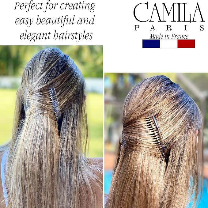 Camila Paris CP2911 French Side Combs Large Curved, Clear French Twist Hair Combs Decorative, Strong Hold Hair Clips for Women Bun Chignon Up-Do, No Slip Styling Girls Hair Accessories, Made in France