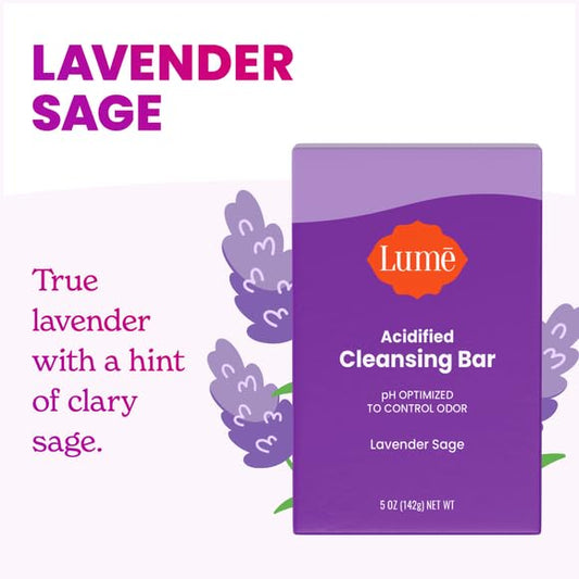 Lume Acidified Body Cleansing Bar - 24 Hour Odor Control - Removes Odor Better than Soap - Moisturizing Formula - Formulated Without SLS and Parabens - OB/GYN Developed - 5 ounce (Lavender Sage)