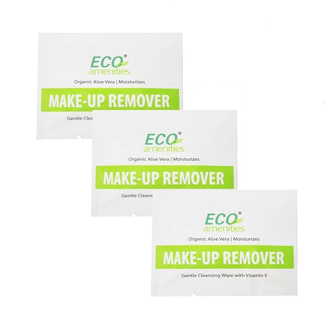 ECO Amenities Aloe Vera and Vitamin E Enriched Makeup Remover Wipes Individually Wrapped Facial Towelettes Skin Cleansing Wipes, 20 Count