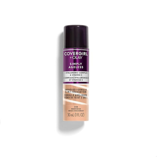 COVERGIRL & Olay Simply Ageless 3-in-1 Liquid Foundation, Matte Finish, Hyaluronic & Vitamin C Formula, 245 Warm Beige, 1 Count