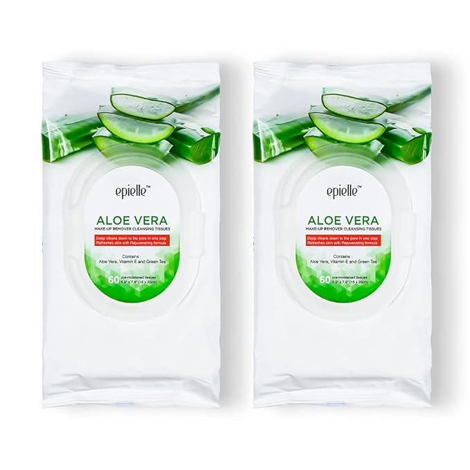 Epielle Aloe Vera Makeup Remover Cleansing Wipes | 60 Count, 2-Pack | Gentle Towelettes for All Skin Types | Ideal for Beauty Gifts, Spa Days & Gift Sets | Korean Skincare