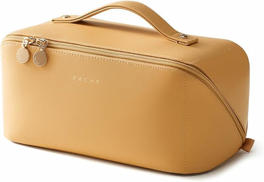 EACHY Travel Makeup Bag,Large Capacity Cosmetic Bags for Women,Waterproof Portable Pouch Open Flat Toiletry Bag Make up Organizer with Divider and Handle