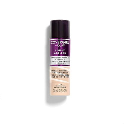 COVERGIRL & Olay Simply Ageless 3-in-1 Liquid Foundation, Matte Finish, Hyaluronic & Vitamin C Formula, 220 Creamy Natural, 1 Count
