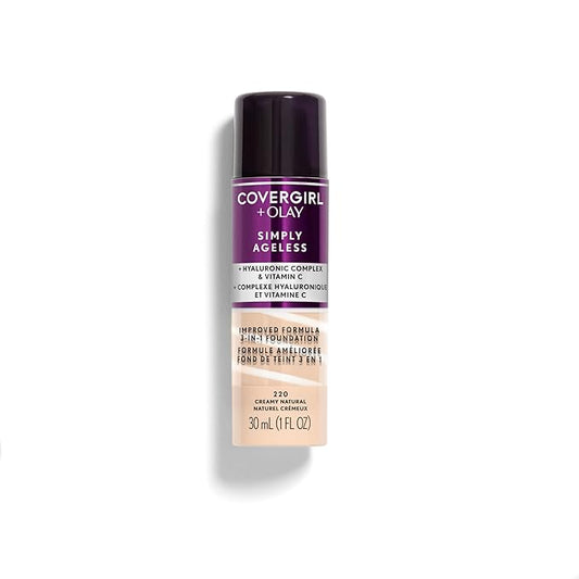 COVERGIRL & Olay Simply Ageless 3-in-1 Liquid Foundation, Matte Finish, Hyaluronic & Vitamin C Formula, 220 Creamy Natural, 1 Count