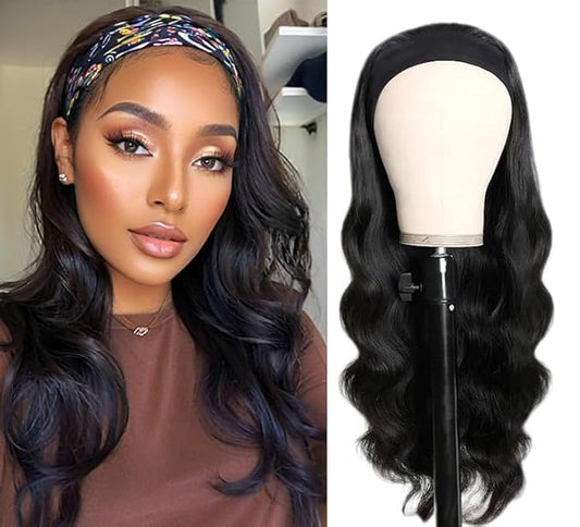 Body Wave Headband Wig Human Hair for Black Women 20 Inch None Lace Front Wigs 180% Density Glueless Wear and Go Wig Machine Made Headband Wigs Natural Black Color