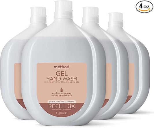 Method Premium Gel Hand Soap Refill, Vanilla + Raspberry, Recyclable Bottle, Biodegradable Formula, 34 fl oz (Pack of 4) (Packaging May Vary)