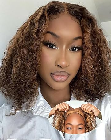 Wear And Go Glueless Wigs Human Hair Pre Plucked Pre Cut 4/27 Highlight Curly Bob Lace Closure Wigs 5x5 HD Lace Closure Wigs Human Hair For Black Women 180% Density Water Wave Lace Front Wig 12 Inch