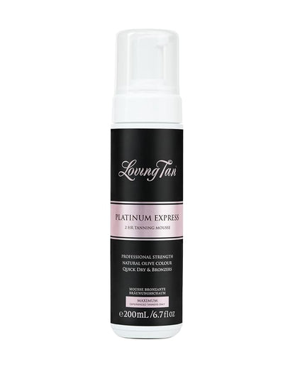 Loving Tan Platinum 2 HR Express Mousse, Darkest Shade Yet - Streak Free, Professional Strength Sunless Tanner - 10+ Self Tan Applications per Bottle, Cruelty Free, Naturally Derived DHA, 6.7 Fl Oz