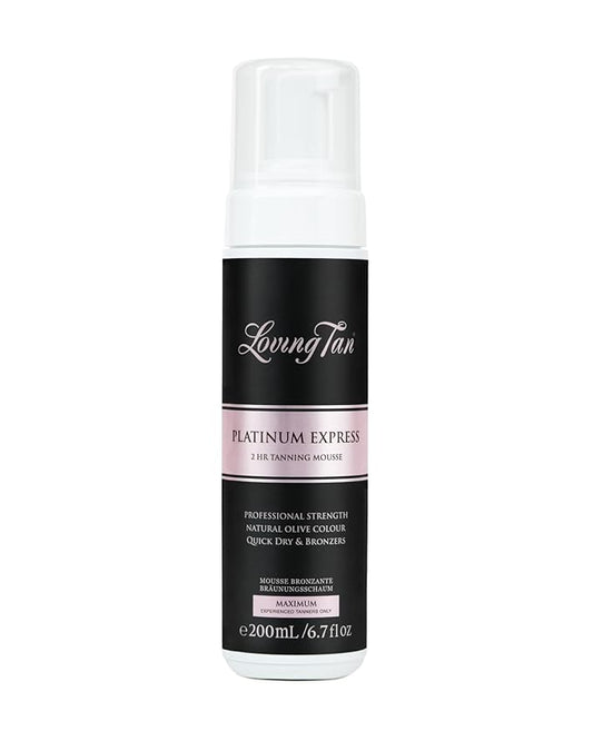 Loving Tan Platinum 2 HR Express Mousse, Darkest Shade Yet - Streak Free, Professional Strength Sunless Tanner - 10+ Self Tan Applications per Bottle, Cruelty Free, Naturally Derived DHA, 6.7 Fl Oz