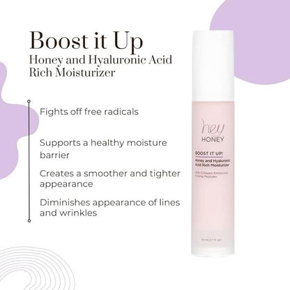 Hey Honey Skincare Boost It Up Honey Extract & Hyaluronic Acid Rich Moisturizer | Targets Premature and Advanced Signs of Aging | Cruelty Free, Clean Ingredients and Paraben Free | 1.7 Oz