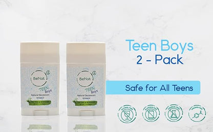 2-Pack All Natural Deodorant For Teen Boys 100% Natural Aluminum-Free Carcinogen Free Kids Deodorant For Boys Clinically Proven To Be Safe For Children and Teenagers