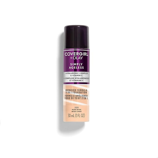 COVERGIRL & Olay Simply Ageless 3-in-1 Liquid Foundation, Matte Finish, Hyaluronic & Vitamin C Formula, 232 Nude Beige, 2 Count