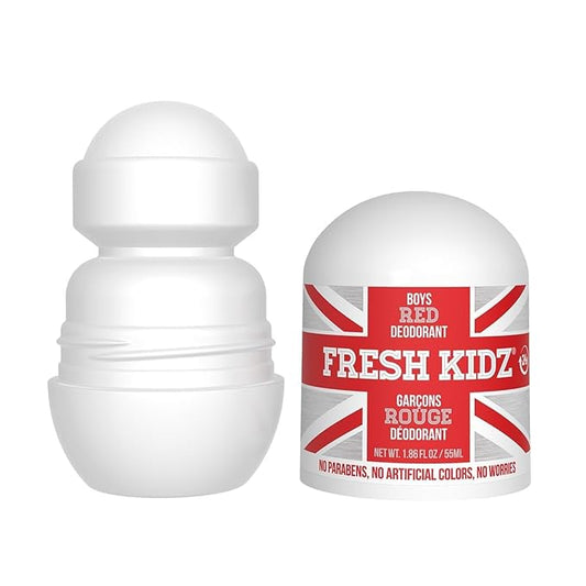 Fresh Kidz Roll On Deodorant for Kids and Teens - Baking Soda and Aluminum-free 24 Hour Protection for Sensitive Skin - Boys "Red" 1.86 fl.oz. (3 Pack)