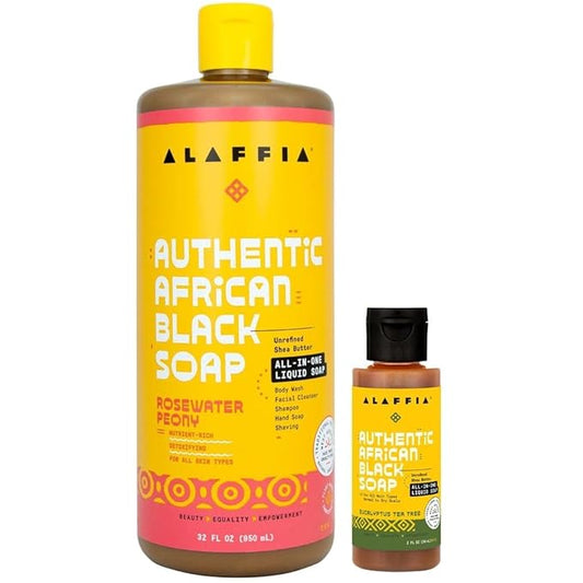 Alaffia Authentic African Black Soap Variety 2-Pack – All-In-One Liquid Soap, Travel-Size Eucalyptus Tea Tree + Full-Size Rosewater Peony Body Wash, Face Wash, Shampoo, Shaving Soap