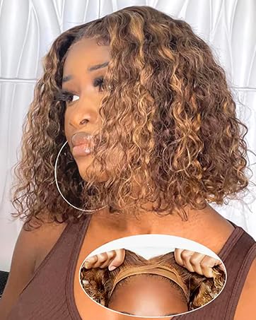 Highlight Ombre Curly Bob Wig Human Hair Glueless Pre Plucked 4/27 5x5 Hd Lace Wear And Go Closure Bob Wigs For Black Women Honey Blonde Short Water Wave Bob Wig Glueless 180% Density 10 Inch