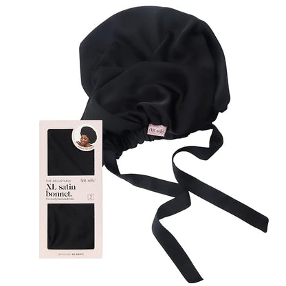 Kitsch XL Satin Bonnet for Sleeping - Softer Than Silk Hair Bonnet for Women - Secure Fit, Adjustable Night Cap for Curly & Textured Hair - Prevents Breakage, Tangles & Thinning - Black