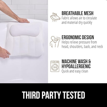 GORILLA GRIP Mesh Bath Pillow for Tub, 6 Powerful Suction Cups, Oversized Headrest with Breathable FlexComfort Technology for Neck, Head, Back Support, Luxury Machine Washable Bathtub Must Haves White