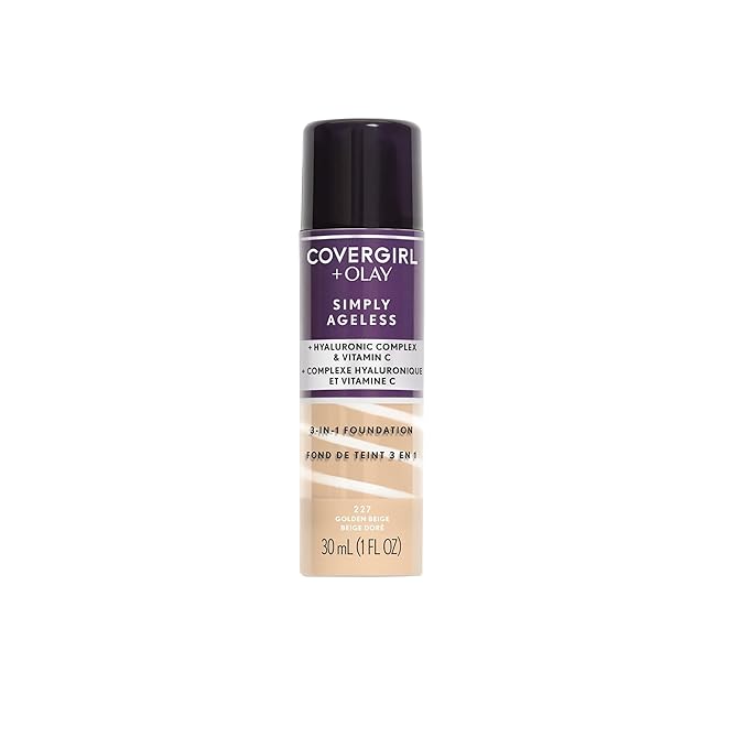 COVERGIRL & Olay Simply Ageless 3-in-1 Liquid Foundation, Matte Finish, Hyaluronic & Vitamin C Formula, 227 Golden Beige, 1 Count