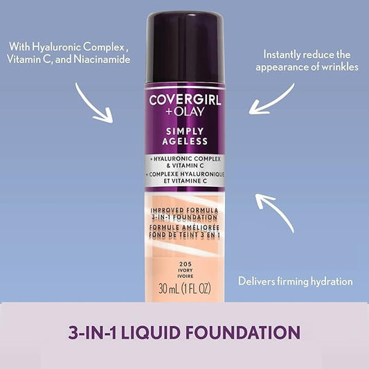 COVERGIRL & Olay Simply Ageless 3-in-1 Liquid Foundation, Matte Finish, Hyaluronic & Vitamin C Formula, 232 Nude Beige, 2 Count