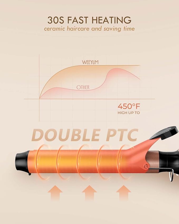 WEEYUM 1 1/4 Inch Ceramic Tourmaline Hair Curling Iron, Long Barrel Curling Wand, Double Voltage(100-240V)