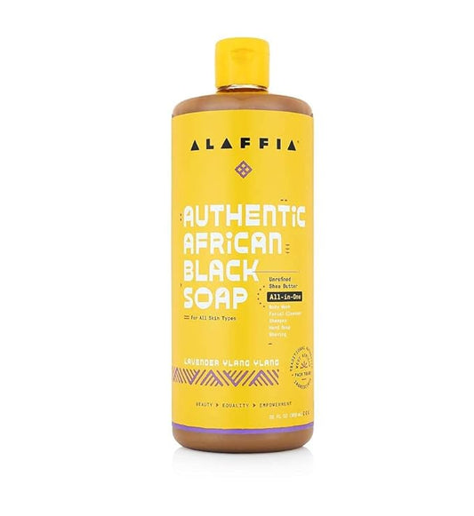 Alaffia Skin Care, Authentic African Black Soap, All in One Body Wash, Face Wash, Shampoo & Shaving Soap with Fair Trade Shea Butter Lavender Ylang Ylang 32 Fl Oz