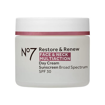 No7 Restore & Renew Multi Action Face & Neck SPF 30 Day Cream - Firming & Hydrating Face Moisturizer with Hyaluronic Acid to Help Visibly Reduce the Appearance of Wrinkles (1.69 Fl Oz)