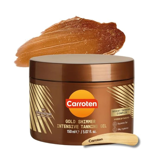 Carroten Gold Shimmer Intensive Tanning Gel | Browning Tan Accelerator | Non-Greasy, Water-Resistant with Carrot and Coconut Oil | Vitamin A & E For Moisture & Hydration | 5 Fl Oz + Spatula