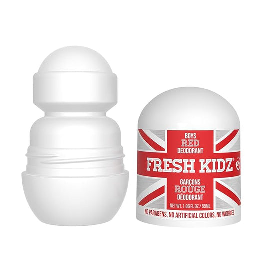 Fresh Kidz Roll On Deodorant for Kids and Teens - Baking Soda and Aluminum-free 24 Hour Protection for Sensitive Skin - Boys "Red" 1.86 fl.oz. (2 Pack)