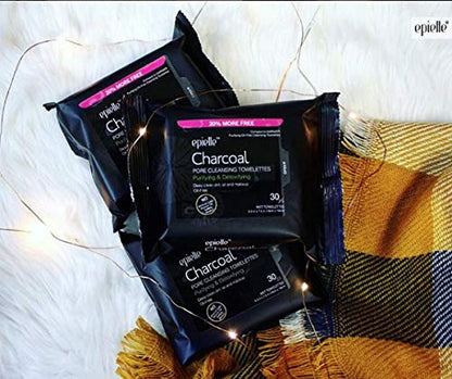 Epielle Charcoal Makeup Remover Wipes | Soft & Gentle for All Skin Types | Removes Dirt, Oil, Waterproof Makeup | 6 Pack | Korean Skincare