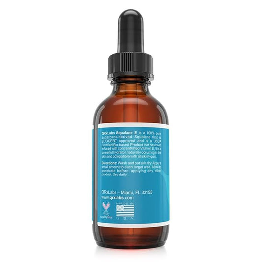 QRxLabs Pure Plant-Based Squalane Oil with Vitamin E (2 oz) - Organic ECOCERT/USDA Certified Squalane from Sugarcane - Moisturizer for Face, Body, Skin & Hair