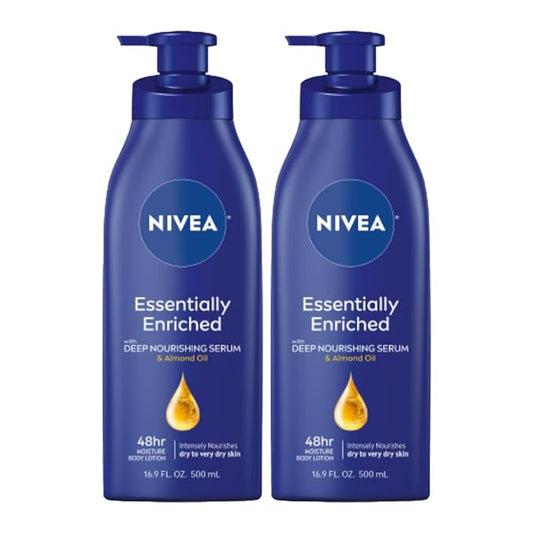 NIVEA Essentially Enriched Body Lotion for Very Dry Skin with Hyaluronic Acid, Almond Oil and Deep Nourishing Serum, 72-Hour Body Moisturizer, 16.9 Fl Oz Pump Bottle, Pack of 2