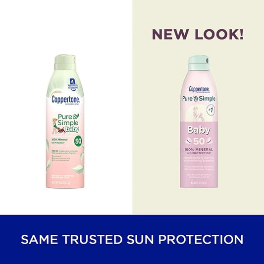 Coppertone Pure and Simple Baby Sunscreen Spray SPF 50, Zinc Oxide Mineral for Babies, Toddler, Water Resistant, Broad Spectrum, 5 Oz