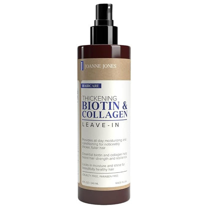 Joanne Jones Thickening Biotin & Collagen Leave-In Conditioner, 8-fl oz Spray Bottle, Boost Moisture and Shine for All Hair Types