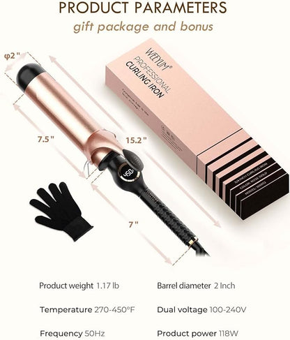 Curling Iron 2 Inch, Large Barrel Curling Wand for Hair, Ceramic Long Barrel Hair Curling Iron Dual Voltage