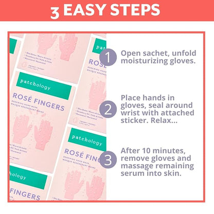 Patchology Rosé Fingers Renewing Hand Mask - Strawberry-Scented Moisturizing Gloves with Shea Butter for Dry & Cracked Hands, Repairing Hand Treatment for Baby Soft Skin, Self-Care Essential - 1 Pair