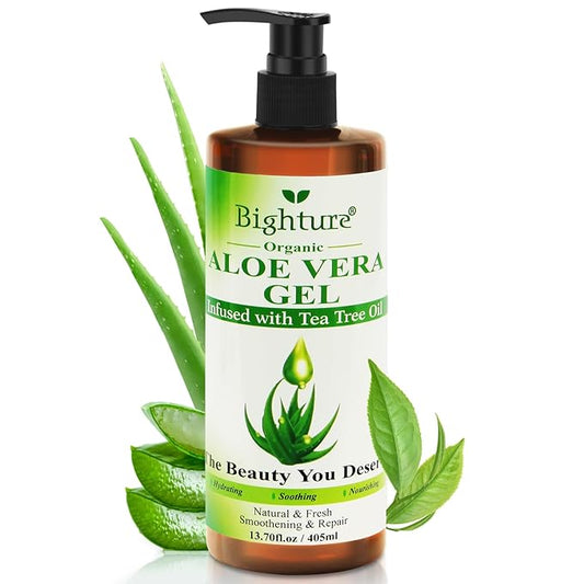 Aloe Vera Gel with Tea Tree Oil for Face, Skin, Hair, Sunburn relief, Organic Aloe Vera Gel from Freshly cut 100% Pure Aloe,13.7oz