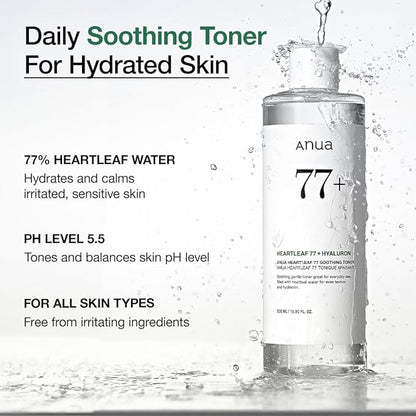 Anua Heartleaf 77 Soothing Toner I pH 5.5 Trouble Care, Calming Skin, Refreshing, Hydrating, Purifying, Cruelty Free, Vegan,(250ml / 8.45 fl.oz.)