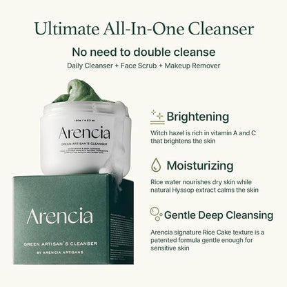 Korean Rice Mochi Face Cleanser & Daily Scrub - Moisturizing, Brightening & Deep-Cleansing - All Skin Types, Vegan, Organic - with Rice Powder, Rice Water & Green Tea (1.76oz)