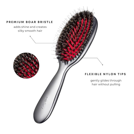 MISEL Professional Boar Bristle Hair Brush for Women and Men | Detangles All Natural Hair Types and Extensions | Reduces Breakage | Great for Wavy and Straight Hair | Salon-Approved | Small