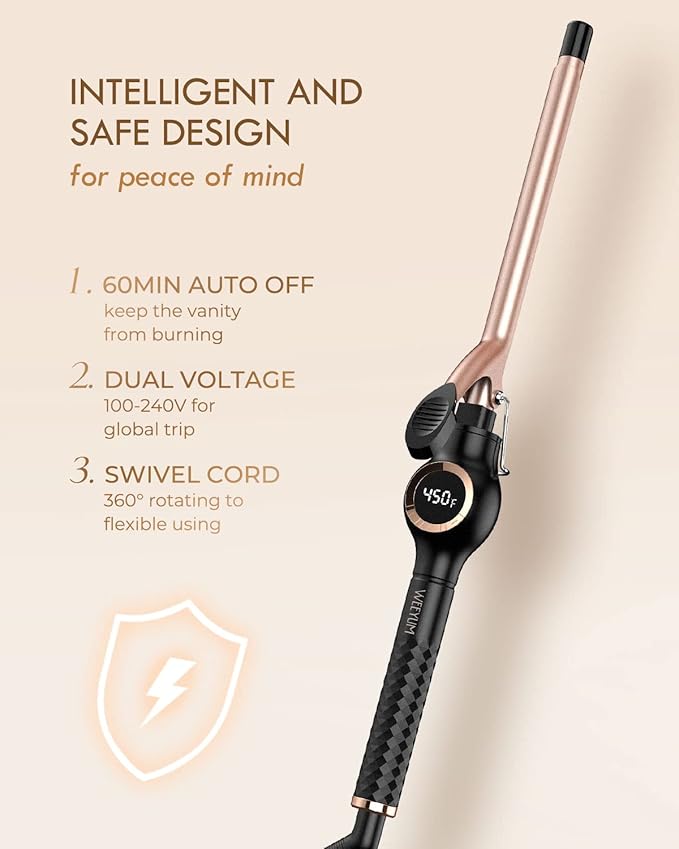 Small Curling Iron 1/2 Inch Barrel, Tiny Curling Wand for Short Hair, Ceramic Tourmaline Hair Curling Iron Double Voltage(100-240V)