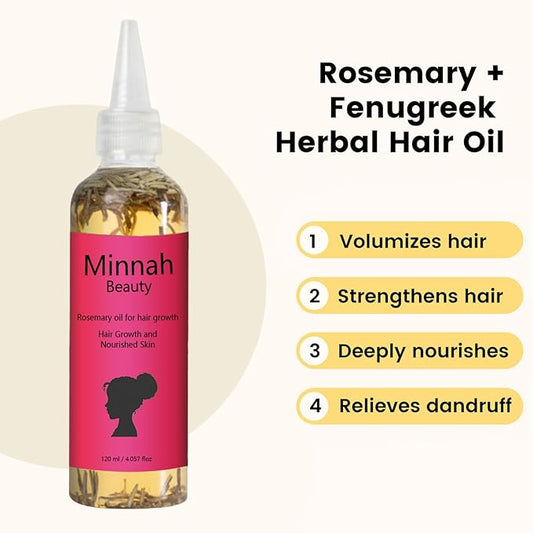 Minnah Beauty Hair Growth Oil - Extra Strength Rosemary + Fenugreek Herbal Hair Growth Oil for Nourished Skin