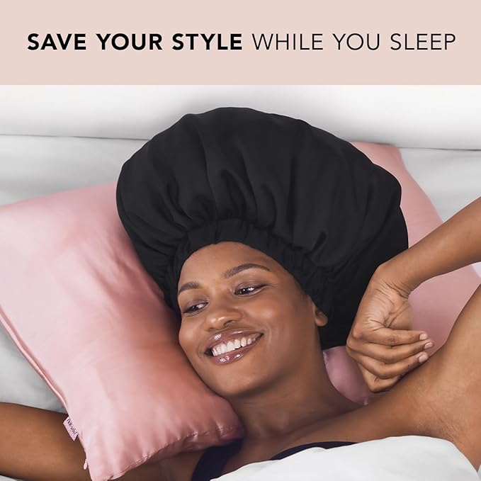 Kitsch XL Satin Bonnet for Sleeping - Softer Than Silk Hair Bonnet for Women - Secure Fit, Adjustable Night Cap for Curly & Textured Hair - Prevents Breakage, Tangles & Thinning - Black