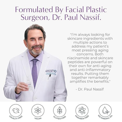 NassifMD Niacinamide Serum 10% with Cranberry Biopeptides and Ectoin, Brightening and Hydrating Vitamin B3 Face Serum, Evens Tone, Smooths Texture, Reduces Fine Lines, Boosts Radiance