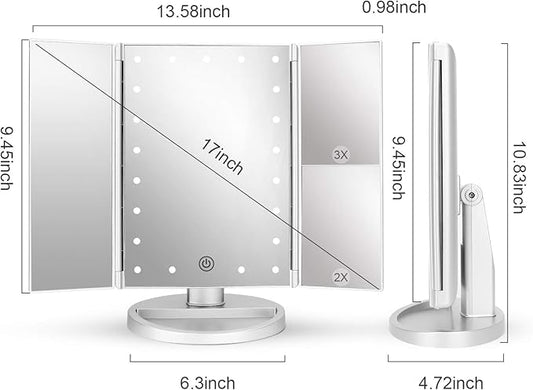 deweisn Tri-Fold Lighted Vanity Tabletop Mount Mirror with 21 LED Lights, Touch Screen and 3X/2X/1X Magnification, Two Power Supply Modes Make Up Mirror,Travel Mirror 10.83" H x 6.3" W