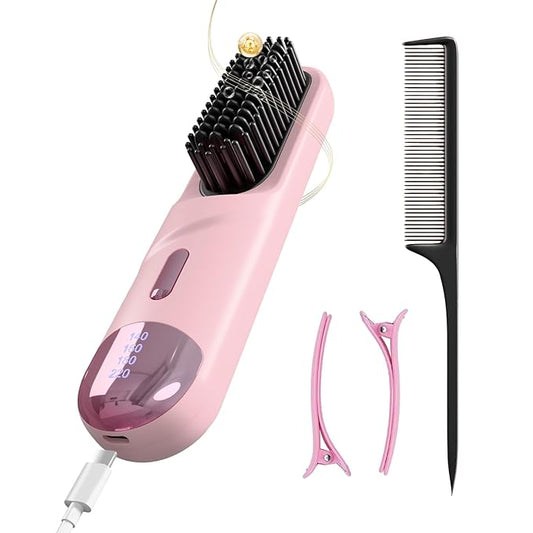 Cordless Hair Straightener Brush 300 Million Negative Ionic Portable Hair Straightener Comb for Women with 4 Temps Fast Heating MCH Ceramic Coating Smooth Frizz - Free Hair Pink