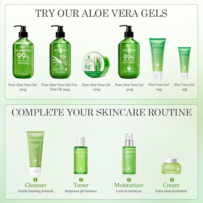 Aloderma Organic Aloe Vera Gel for Face & Body, 96% Pure Aloe Gel Made within 12 Hours of Harvest, Ideal for Skin, Scalp, & Hair Hydration, Calming Moisturizer for Soothing After Sun Care, 7.05oz